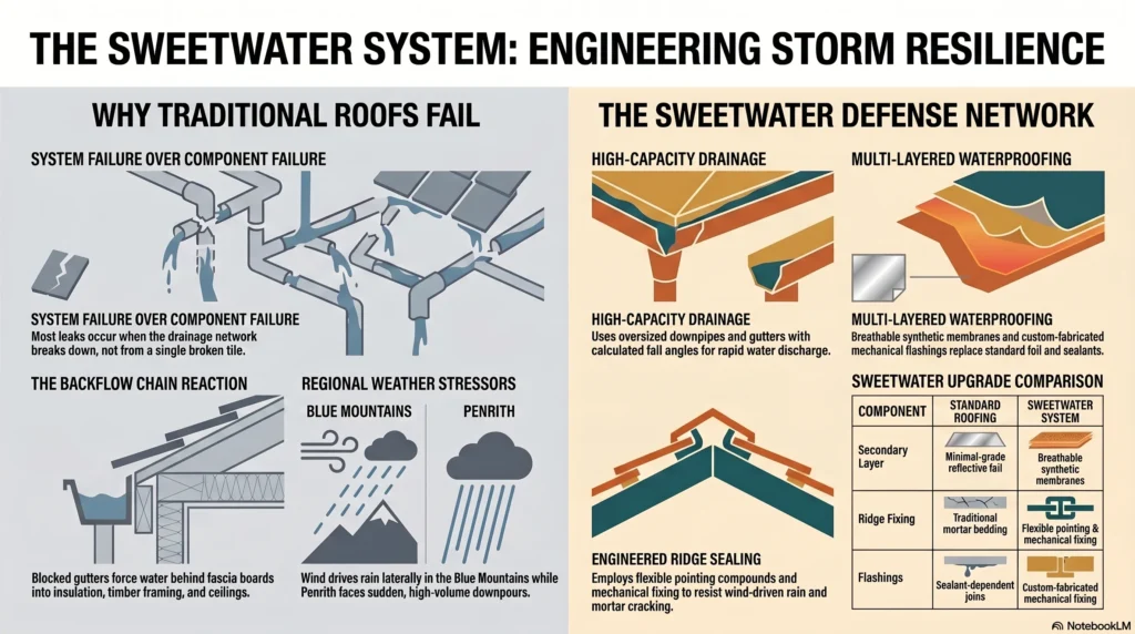 When a storm hits in South Wales, it can be disastrous. Rain can pour and hammer down for hours. In high-altitude areas like the Blue Mountains, wind drives water laterally, forcing it under tiles.