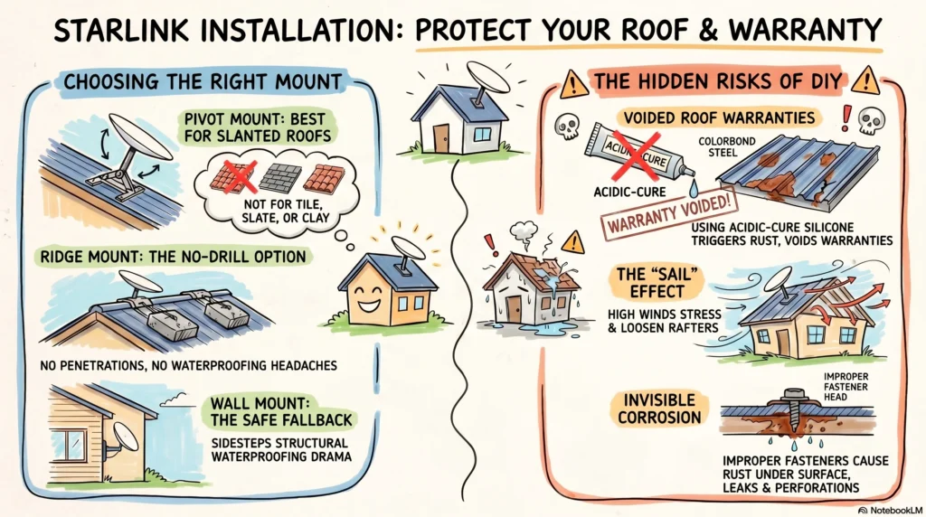Worried about drilling into your roof for Starlink? Aus Topline Roofing explains the safest mount types and how our Sydney team installs without voiding warranties.