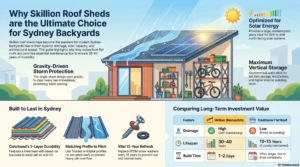 A skillion roof shed is the smart choice for Sydney backyards. Learn why Colorbond skillion designs beat flat roofs, handle storms better, and cost less to build.