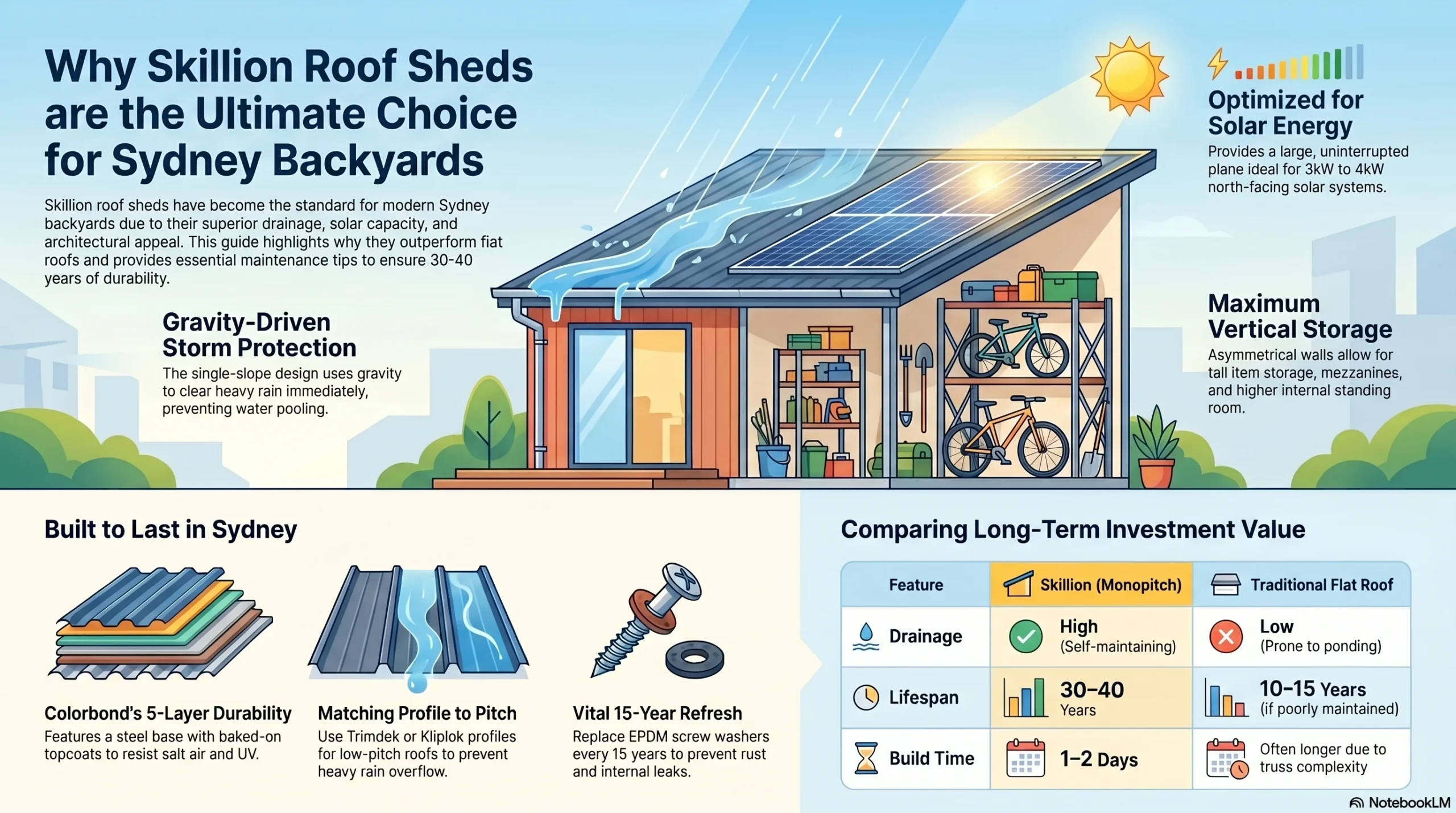 A skillion roof shed is the smart choice for Sydney backyards. Learn why Colorbond skillion designs beat flat roofs, handle storms better, and cost less to build.