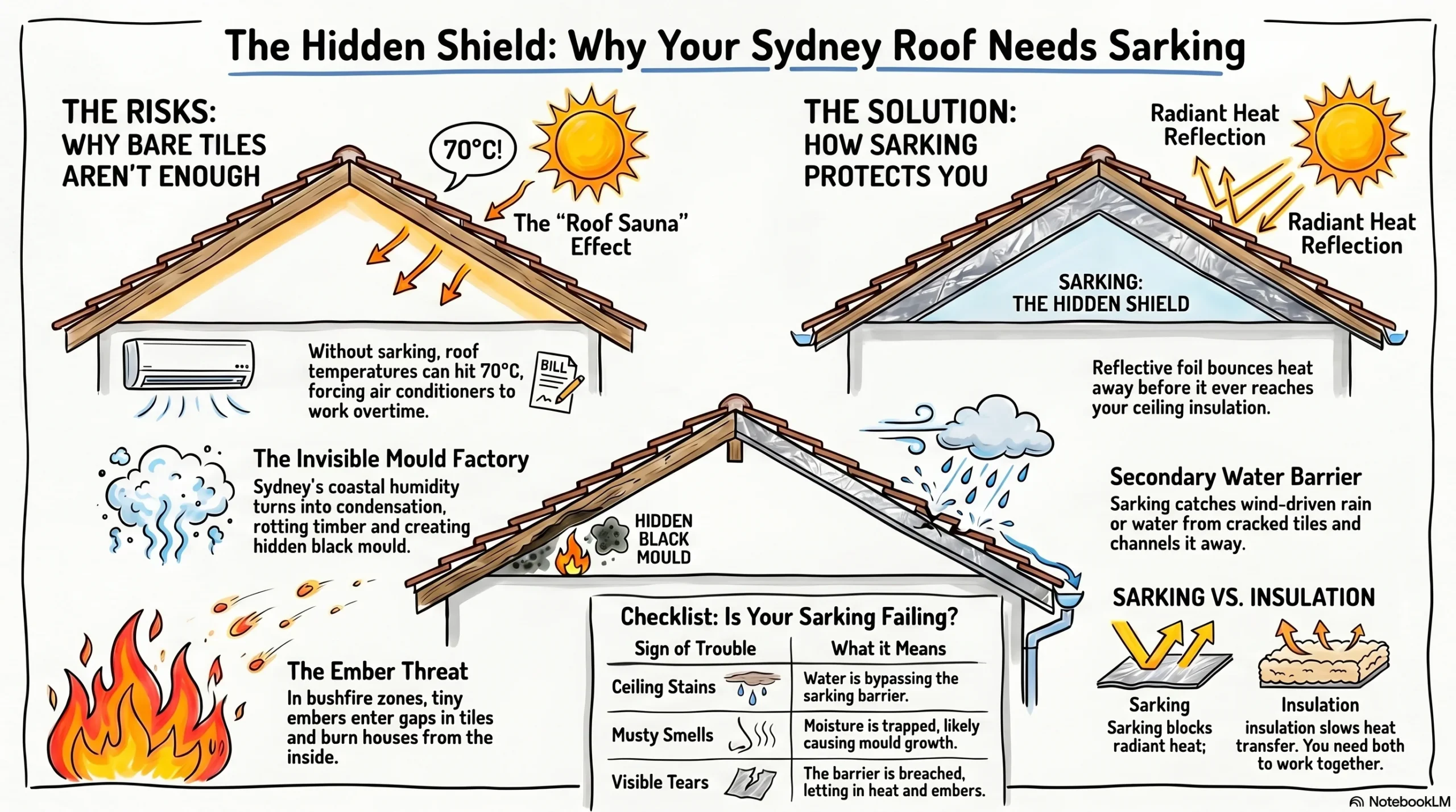 What is roof sarking and why does your Sydney home need it? Learn how it stops leaks, blocks heat, prevents highbills, stop moulds, and meets bushfire ratings.