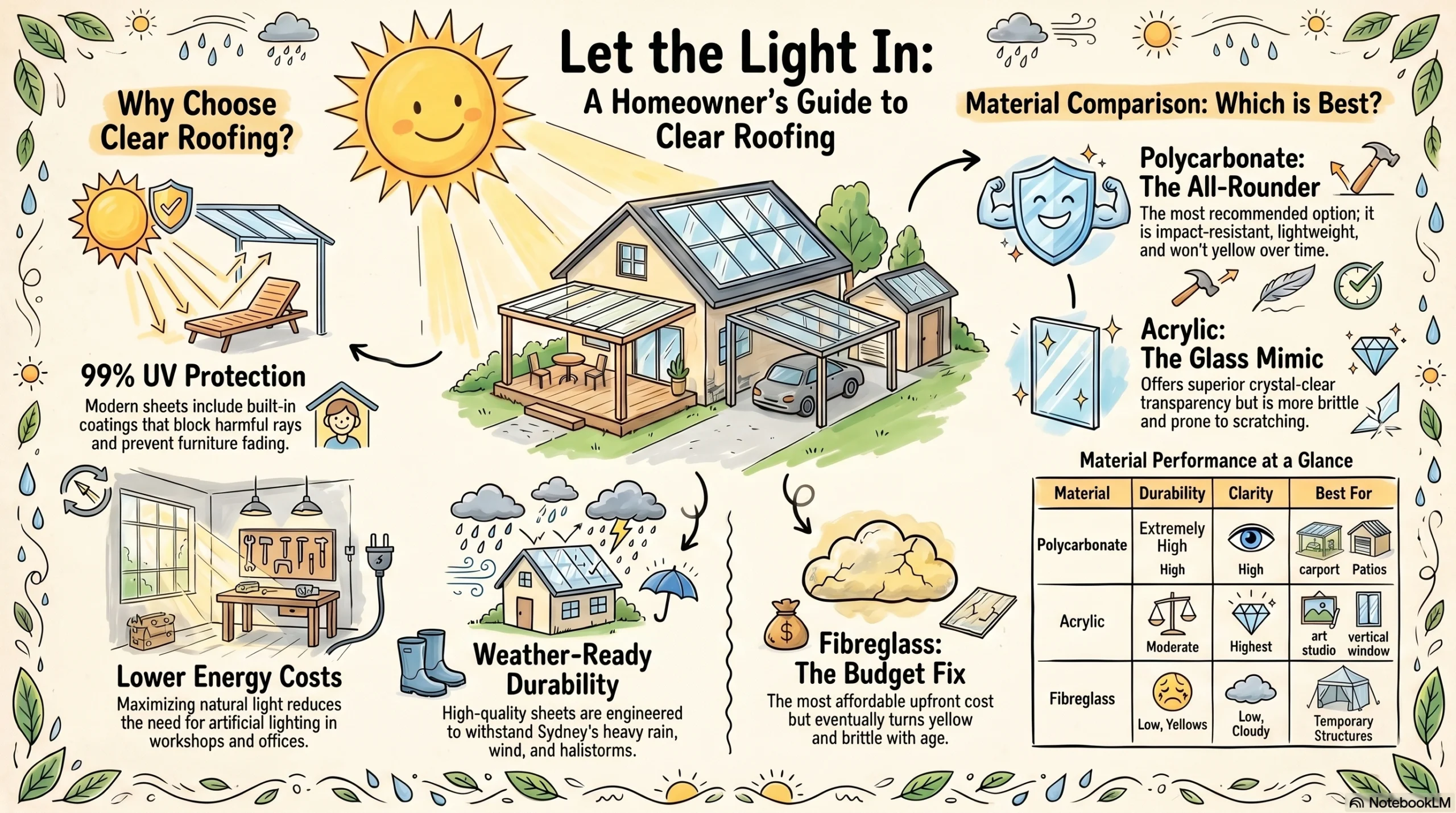 Discover clear roofing sheet options for Sydney homes. It consists of a comparison of polycarbonate, acrylic, and fibreglass. Get to know what's best for your homes.