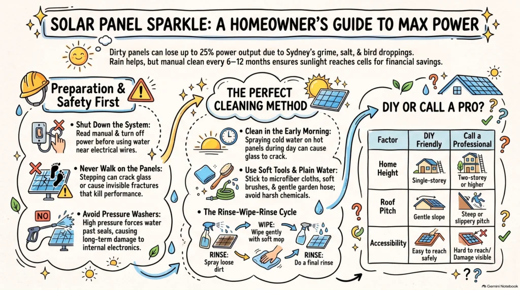 Solar panels not giving the right power output? It's time to clean them. Before that, read the guide to clean the solar panels safely. Covers methods and all the precautions.