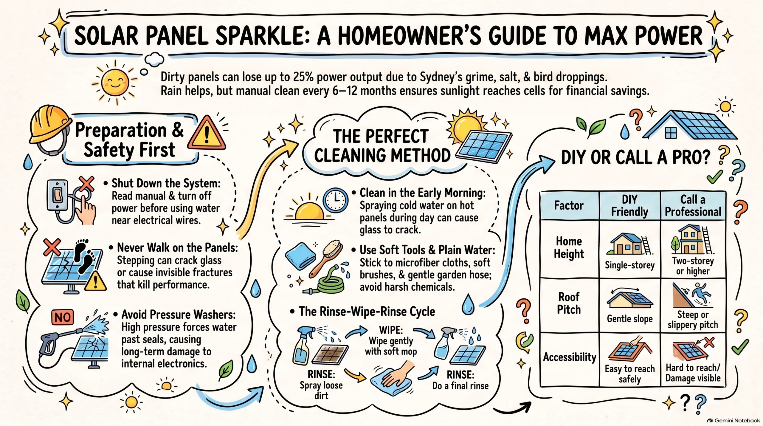 Solar panels not giving the right power output? It's time to clean them. Before that, read the guide to clean the solar panels safely. Covers methods and all the precautions.