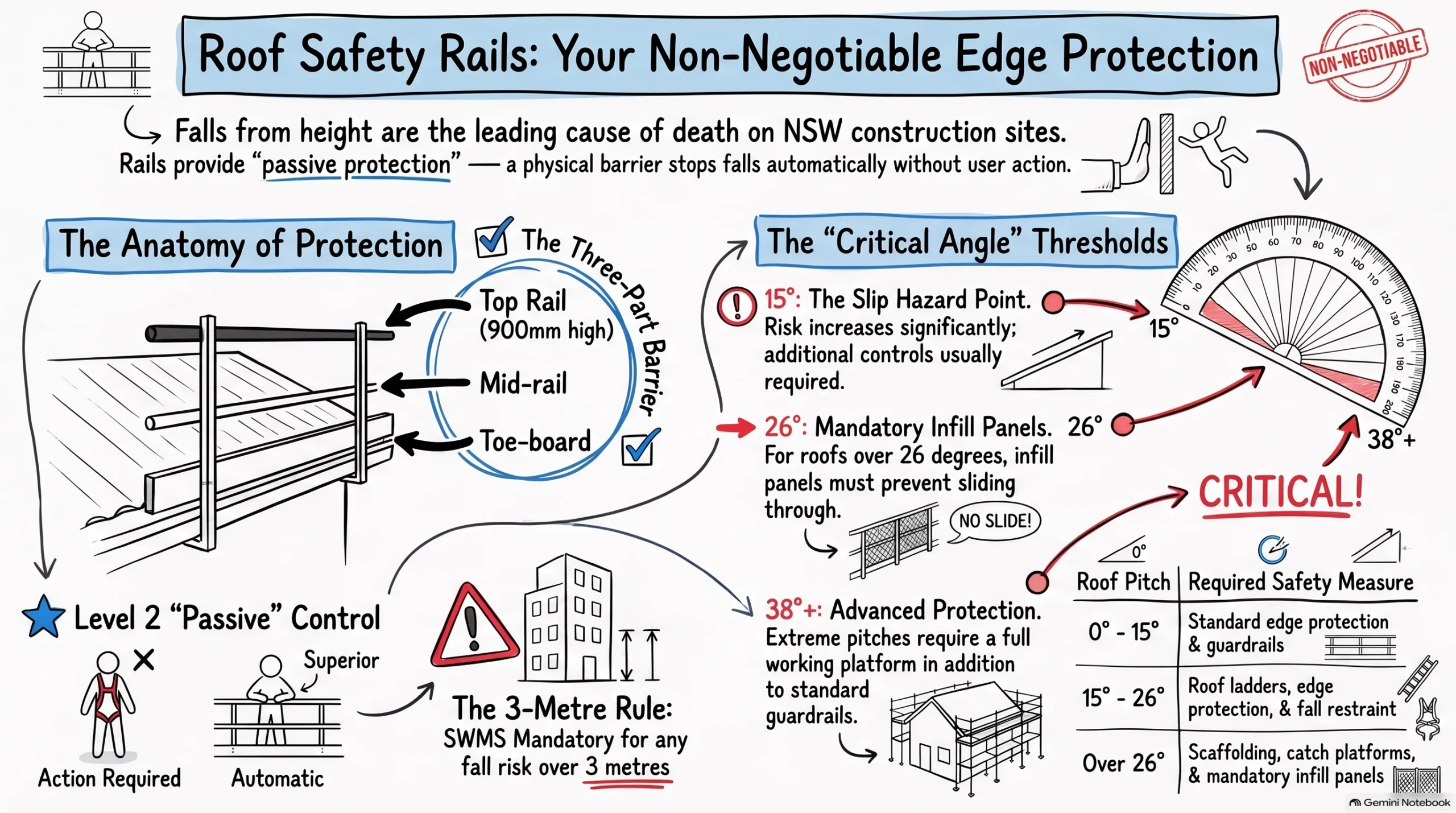 Learn why roof safety rails are essential for Sydney roofing projects. Covers Australian standards, roof pitch requirements, and guardrail requirements.