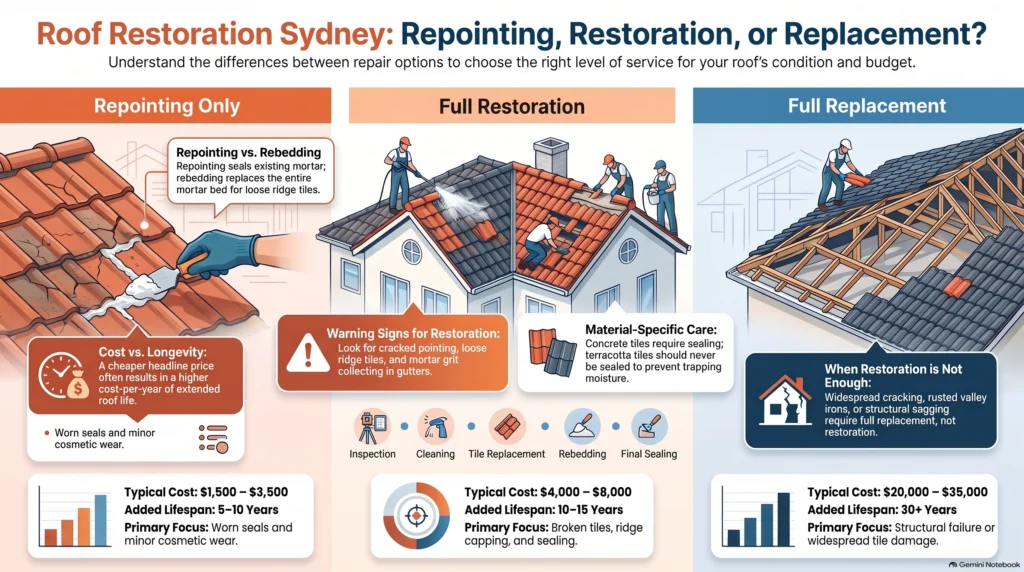 Roof Restoration Sydney: Repointing, Rebedding or Full Replacement?